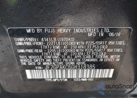 2016 Subaru Crosstrek 2.0I Limited z USA, uszkodzony, nr VIN JF2GPAKC6GH318385